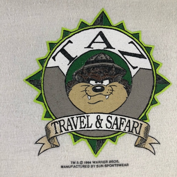 Taz Looney Tunes 1994 Warner Bros Travel Safari Vintage Button Off White T Shirt - Picture 4 of 14